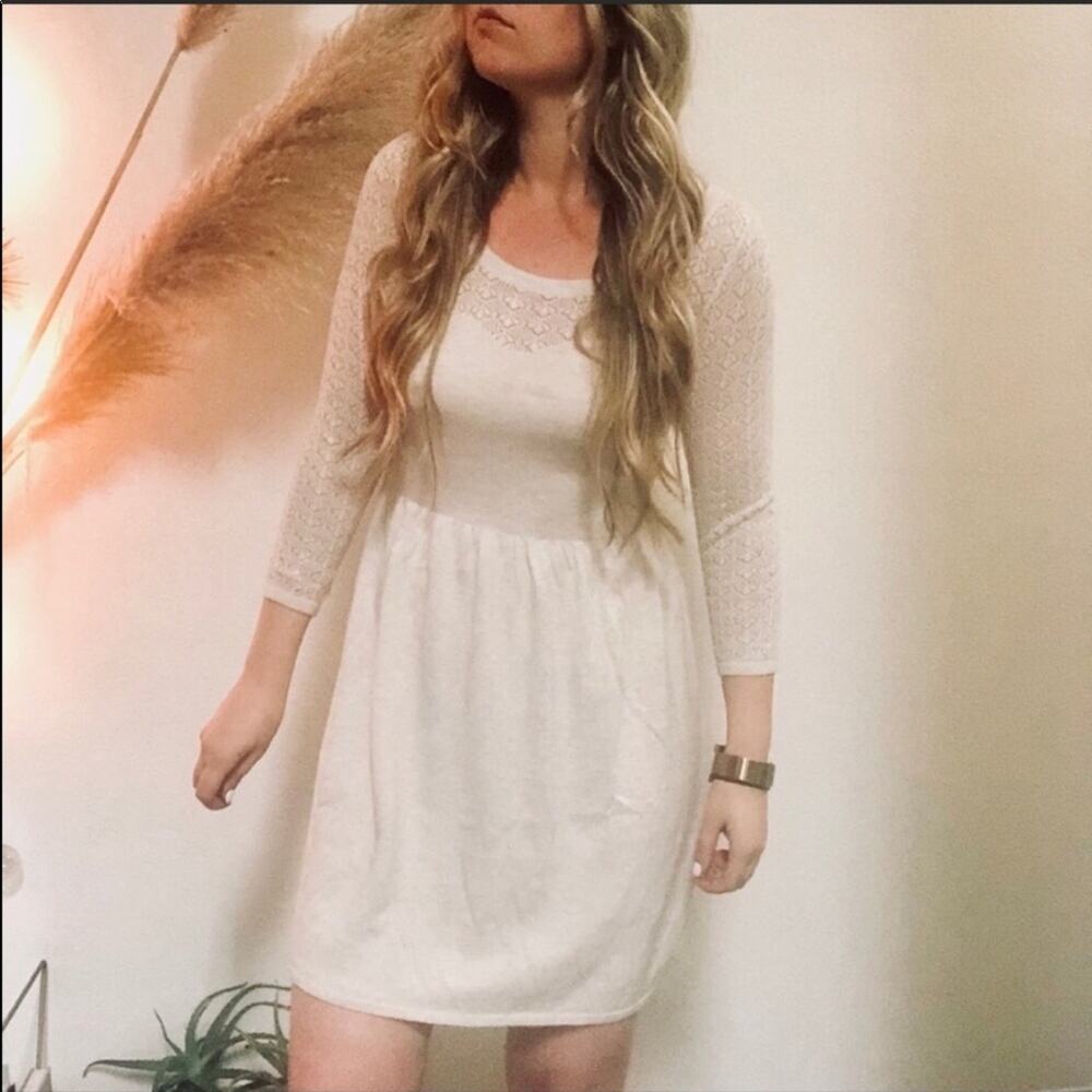 AEO AMERICAN EAGLE Cream Tan Open Weave Oatmeal Sweater Long Sleeve Mini Dress M